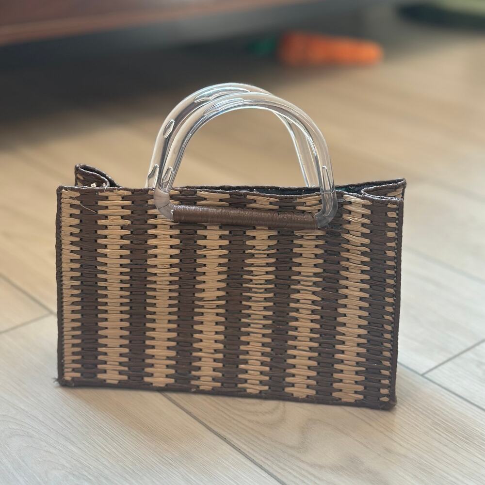 Vintage woven brown striped handbag acrylic clear handles